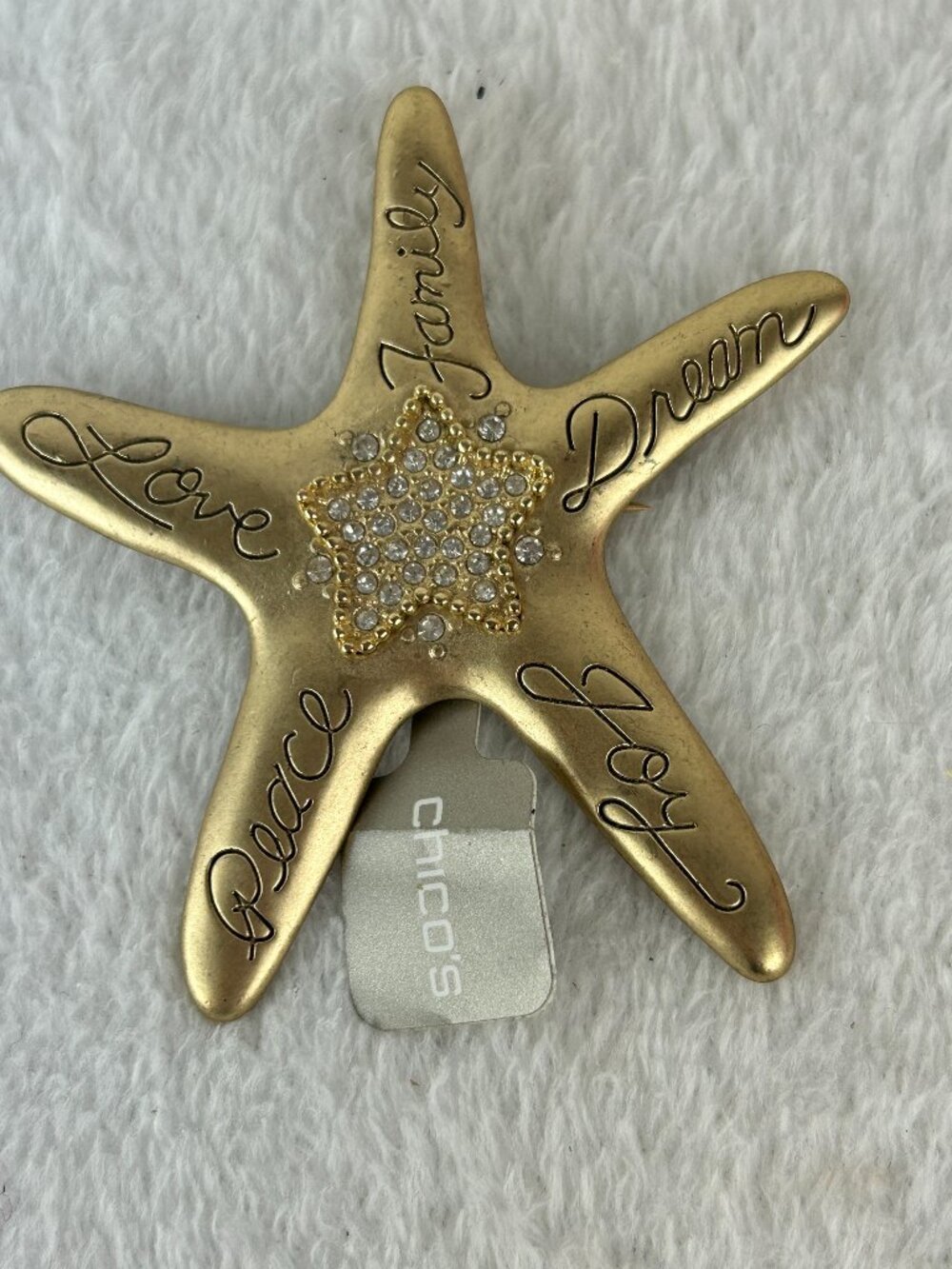 Chico's Gold Tone Rhinestone Starfish Brooch Love Joy Peace Family Pendant